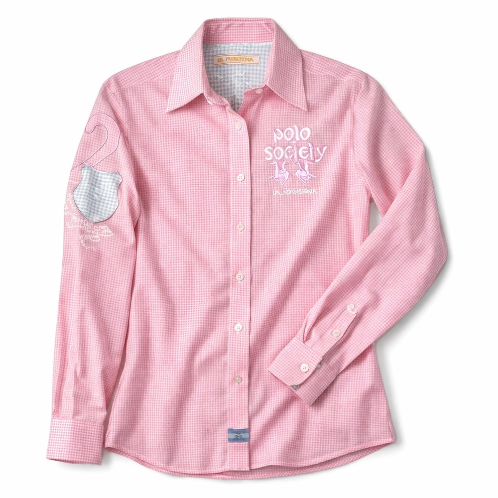 La Martina Pink Gingham Embroidered Statement Shirt | Equestrian Patches Medium
